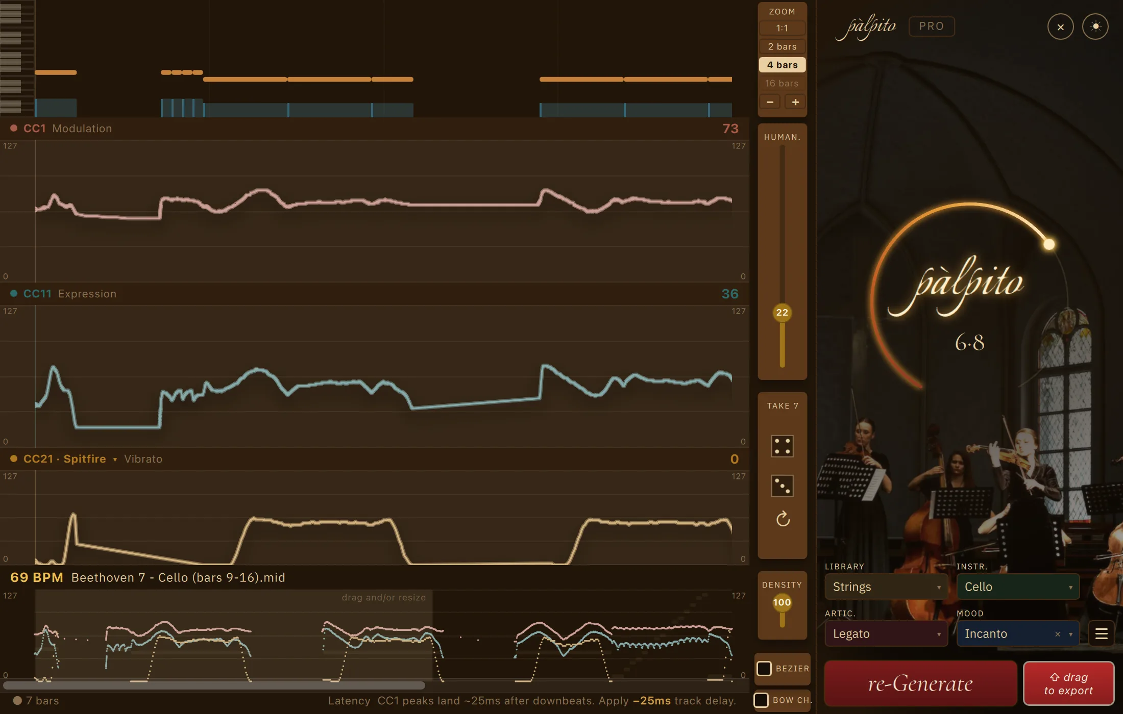 Palpito zoomed to four bars on the cello line from Beethoven's Seventh, Mood Incanto at an intensity arc of 6.8: CC1 and CC11 lean through each phrase and the CC21 vibrato lane rises under the held notes.