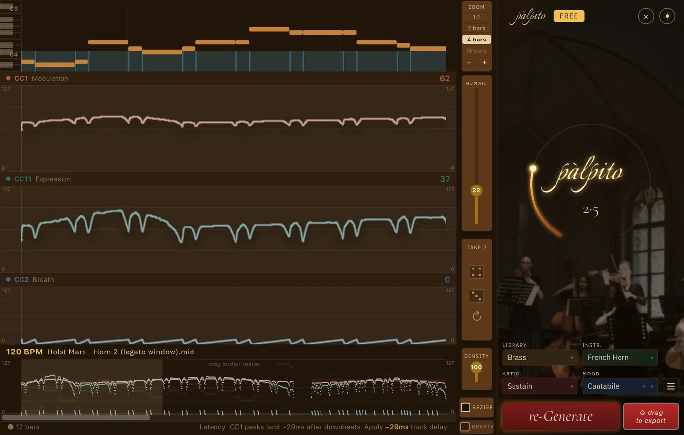 Palpito zoomed to four bars on a French horn line from Holst's Mars: the CC1, CC11 and CC2 breath lanes, the full-timeline drag and resize strip, and the status bar advising a −22 ms track delay. The intensity arc is set gently, at 2.5.