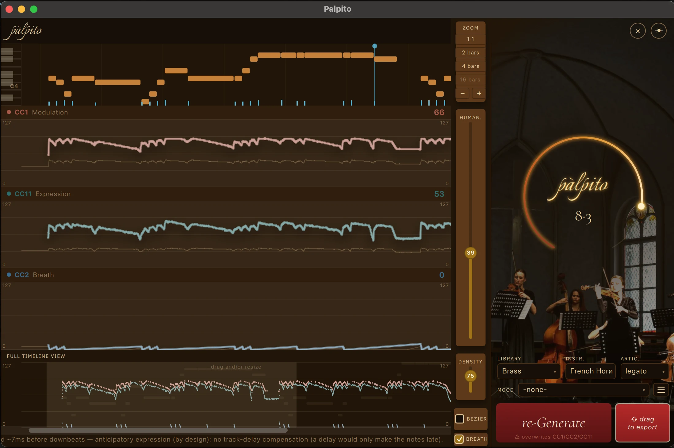 Palpito zoomed to four bars on a Tchaikovsky horn line: the CC2 breath lane, the full-timeline drag and resize strip, and the status bar explaining anticipatory expression.