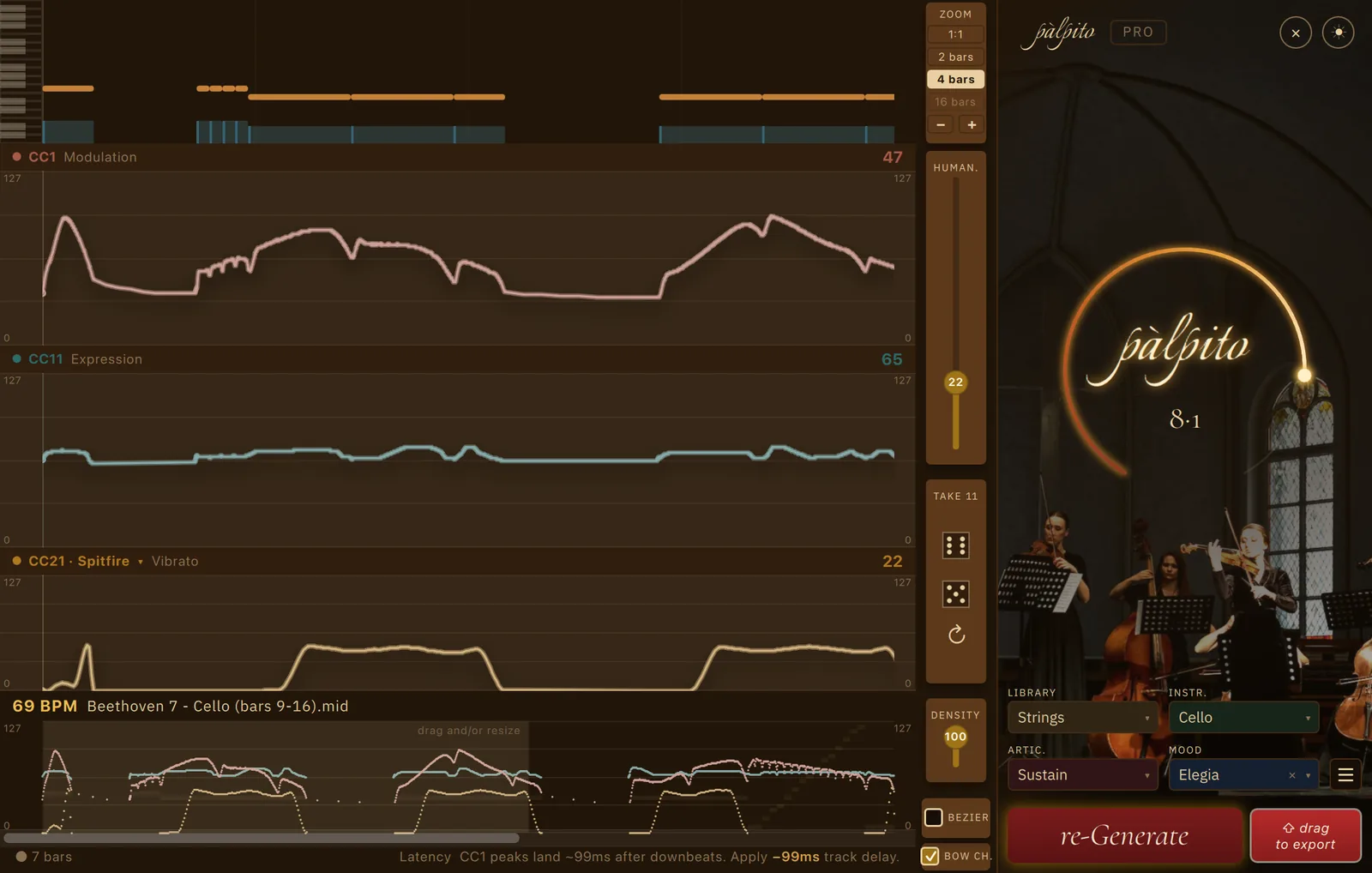Palpito Pro in its dark theme at a four-bar zoom on a Beethoven cello line, on Sustain with the Mood Elegia at an intensity arc of 8.1 and the dice showing take 11: CC1 climbs and falls away across the window while the vibrato lane holds its plateaus, and the BOW CH. box is ticked.