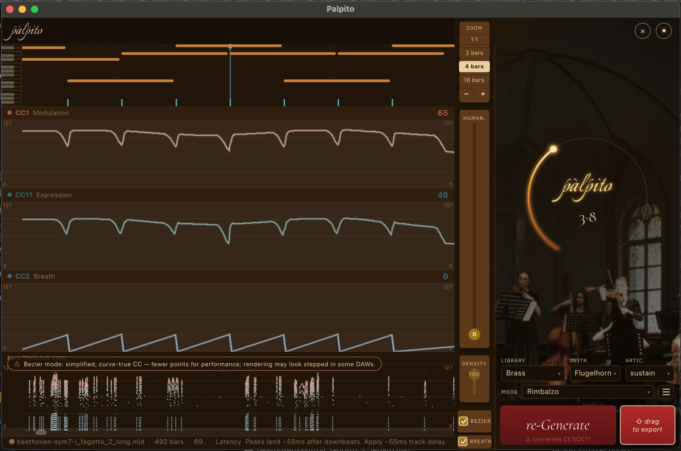 Palpito Pro in action: an extended-instrument flugelhorn line with a gesture Mood (Rimbalzo) selected, editable Bézier curves enabled, and the CC1, CC11 and CC2 breath lanes shaped across a four-bar view.