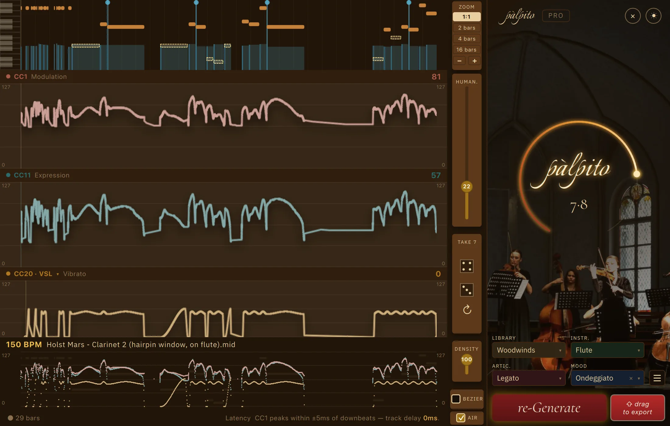 Palpito Pro on a legato flute line from Holst's Mars, Mood Ondeggiato at a strong intensity arc of 7.8, Humanize 22 and Density 100: four cyan breath marks stand in the piano roll at roughly even spacing, eight notes are drawn hollow with a dashed outline where they fall below the flute's bottom C4, and the CC1, CC11 and remapped CC20 vibrato lanes swell and fall continuously across the whole passage.