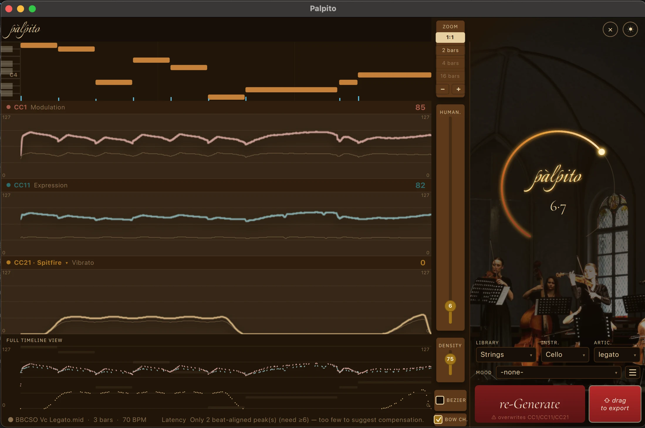 Palpito's dark interface with Saint-Saëns' The Swan loaded on solo cello: the piano roll with generated CC1, CC11 and CC21 expression lanes, the intensity arc set to 8.8, and bow changes on.