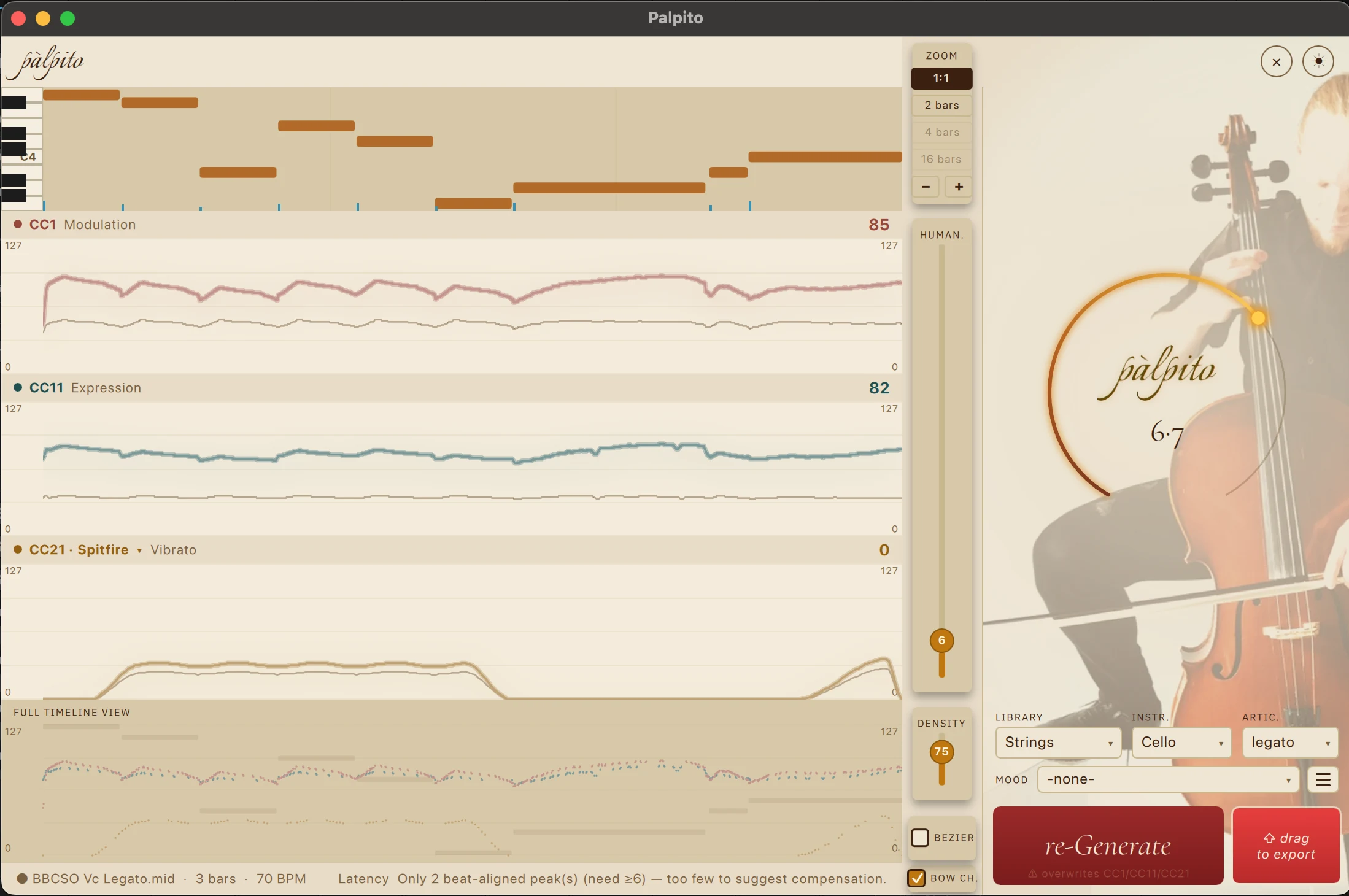 Palpito in its light theme showing the same The Swan solo-cello project, the same generated CC1, CC11 and CC21 expression curves.