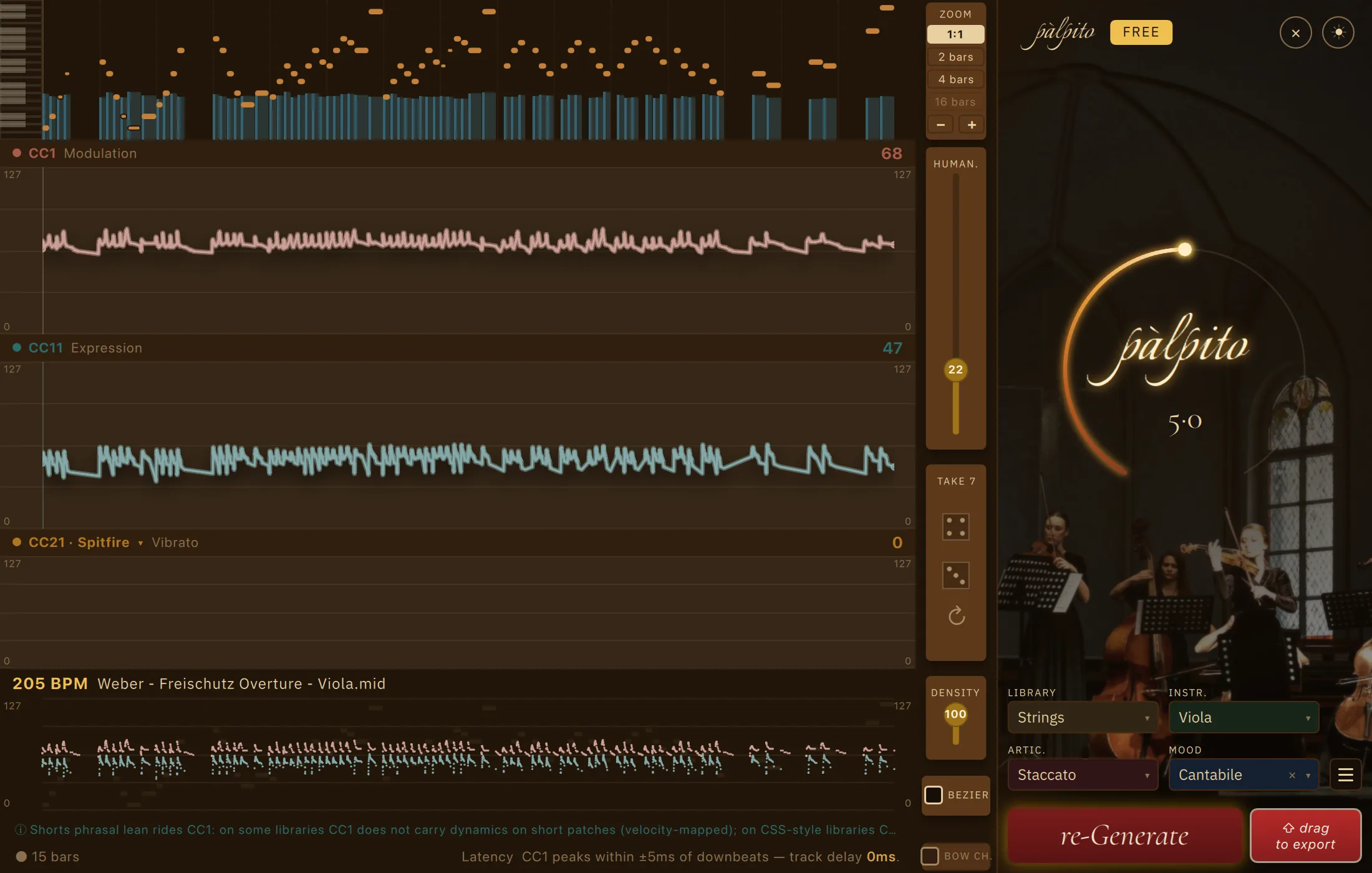Palpito in its dark theme with the same Weber viola part and its full CC1, CC11 and CC21 lanes generated.