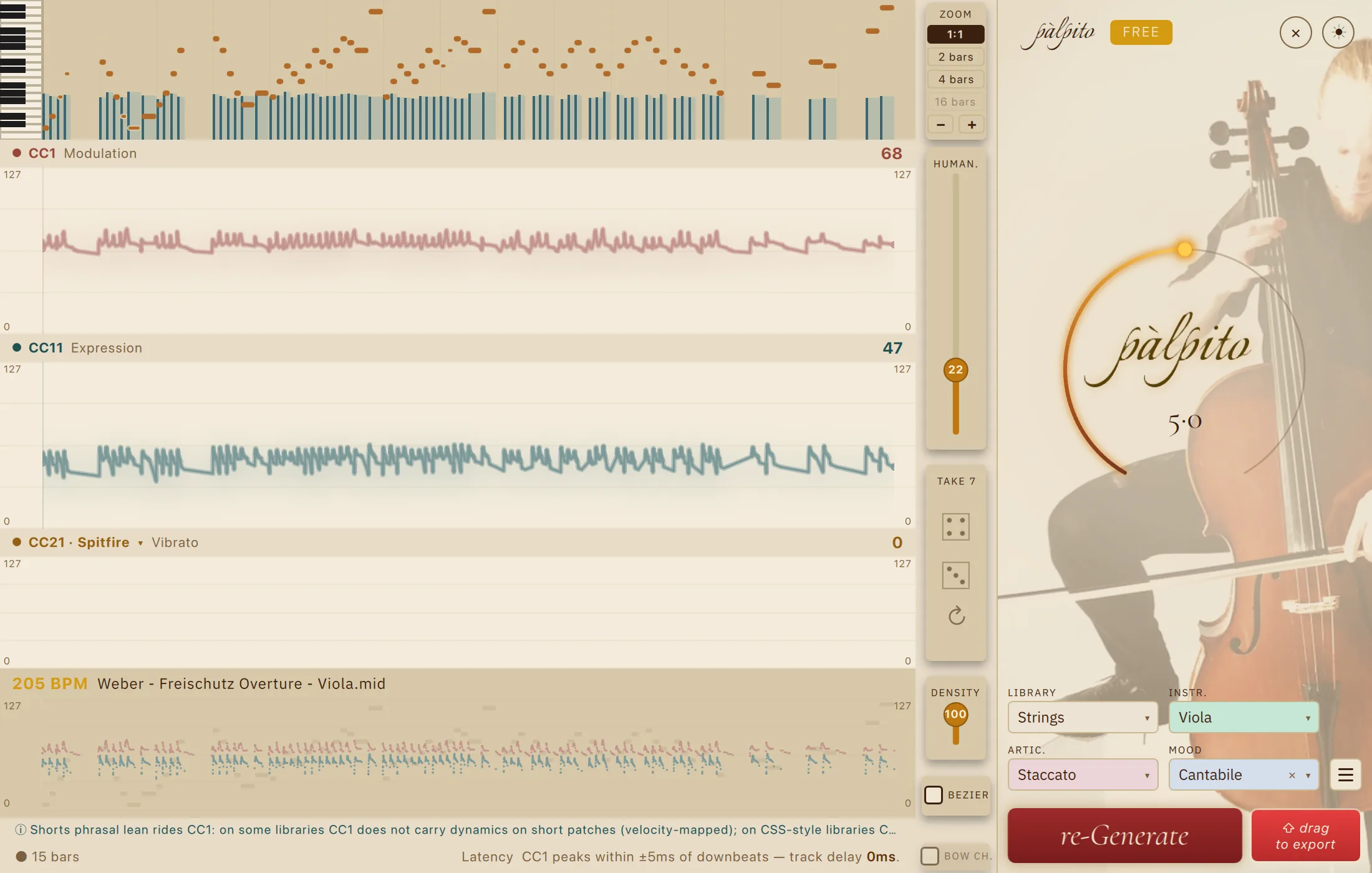 Palpito in its light theme showing the same Weber viola staccato part and the same generated CC1, CC11 and CC21 expression curves.