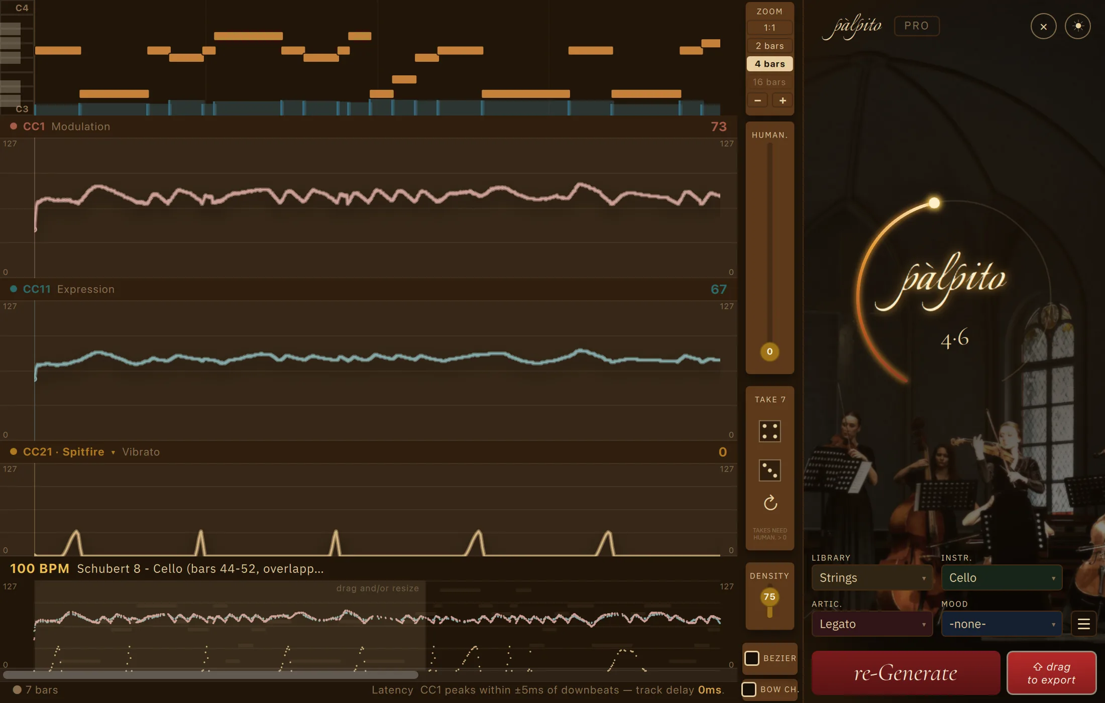 The same phrase, the same instrument, the same arc and the same four-bar window, but written with each note overlapping the next and played on Legato: the CC11 lane runs through the joins as one continuous line and the vibrato lane holds a steady plateau.