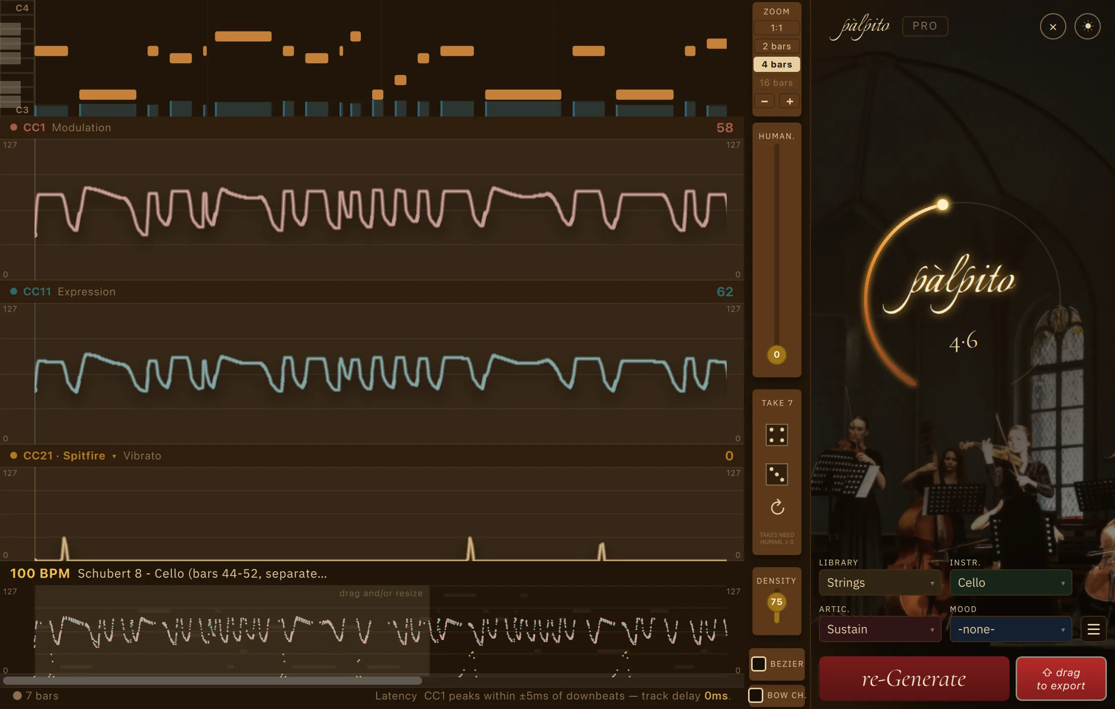 Palpito Pro at a four-bar zoom on a Schubert cello line whose notes are written separately, each ending before the next begins, on Sustain: the CC1 and CC11 lanes fall into a dip at every note join and climb back out, so the lanes read as a row of separate arches.