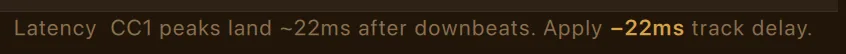 A close crop of Palpito's status bar, reading: Latency — CC1 peaks land ~22 ms after downbeats. Apply −22 ms track delay.