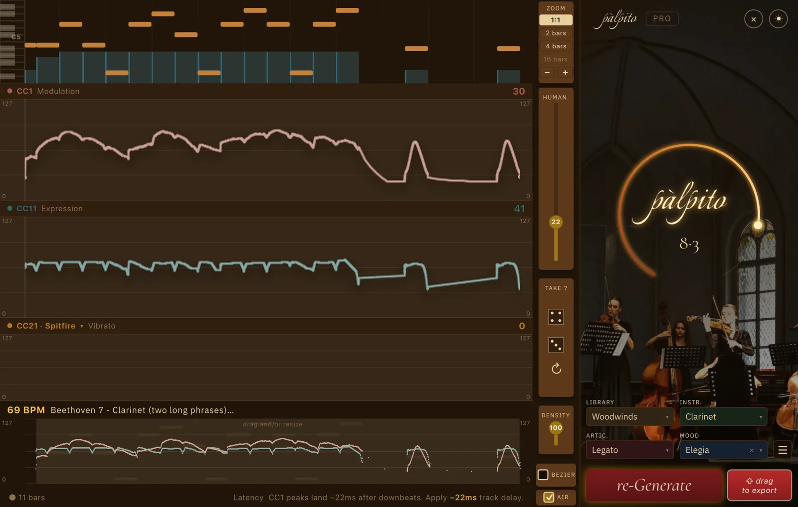 Palpito Pro in its dark theme on a Beethoven clarinet line of two long phrases, with Legato and the Elegia Mood selected at an intensity arc of 8.3: the CC1 lane holds a high singing plateau through the first phrase and then falls away and stays down, the shape the Mood's name describes.