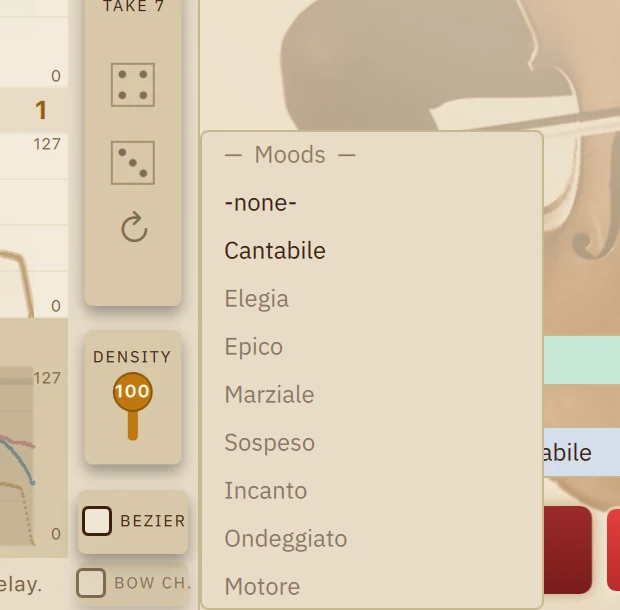 The Mood menu open in a free session: −none− and Cantabile in full ink, with Elegia, Epico, Marziale, Sospeso, Incanto, Ondeggiato and Motore greyed out below them.