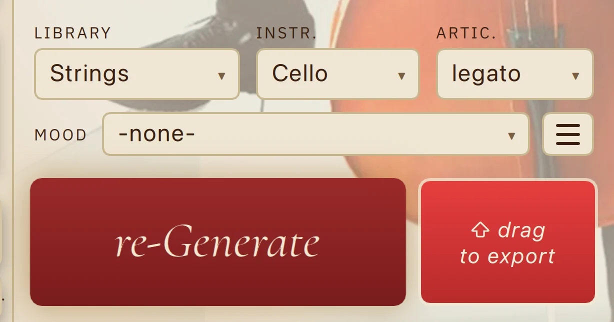 Palpito's selector row — Library, Instrument and Articulation menus with the Mood selector, the re-Generate button and the drag-to-export handle.