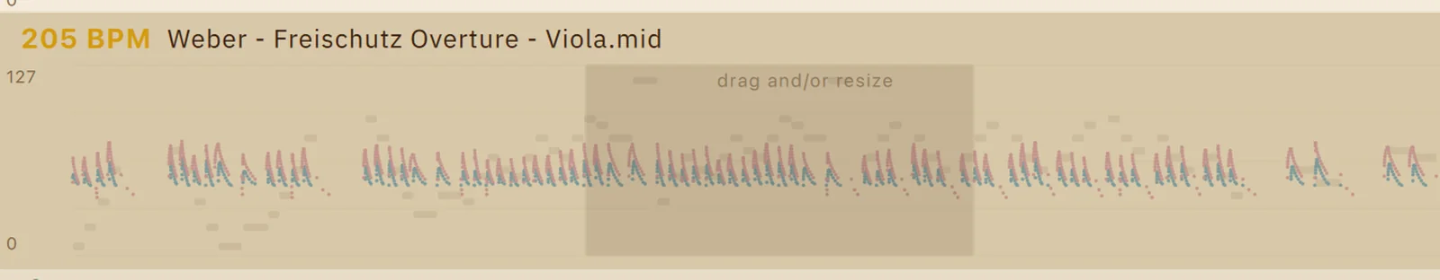 A close crop of Palpito's Full Timeline View: a single strip showing the CC1, CC11 and vibrato trails of a whole Weber viola part at Density 100, with the lighter viewport box labelled drag and or resize sitting over the middle of it, and the tempo and file name on the row above.