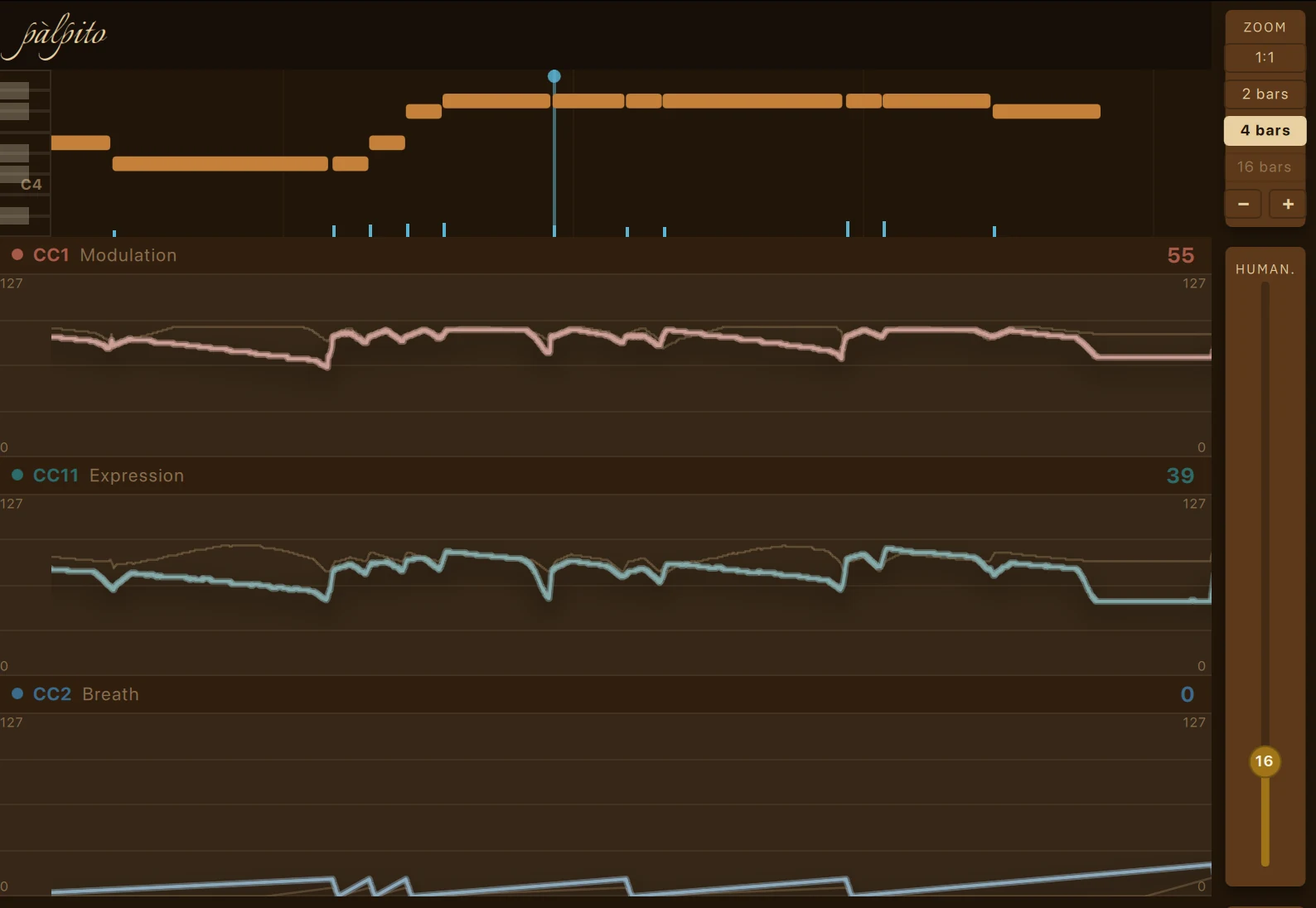 Palpito on a brass line: the CC1 and CC11 lanes with their matching dips where the player breathes, and the dedicated CC2 breath lane below.
