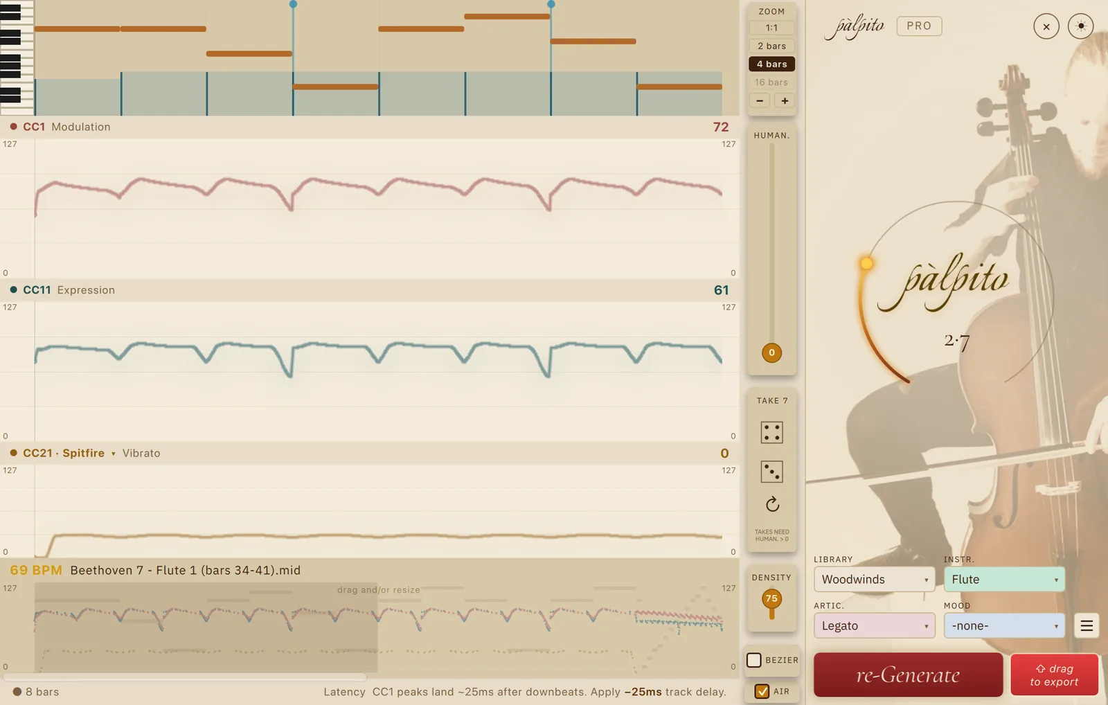Palpito Pro at a four-bar zoom on the first flute line from Beethoven's Seventh, bars 34 to 41 at an intensity arc of 2.7, with AIR ticked and no Mood: cyan breath marks stand in the piano roll where the player would take a breath, and the CC1 and CC11 lanes notch downward at exactly those points before recovering.