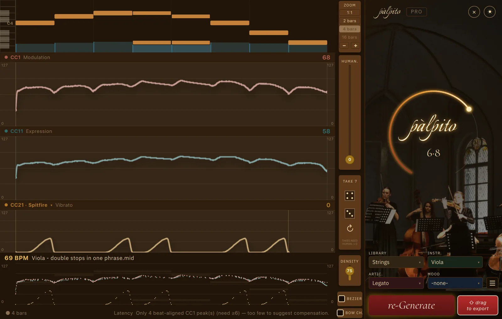 Palpito Pro at a four-bar zoom on a viola line that carries two double stops inside one phrase, on Legato with no Mood: the CC1 and CC11 lanes run through the chords without flattening, and the single notes before and after them keep the same rise and fall as the rest of the phrase.
