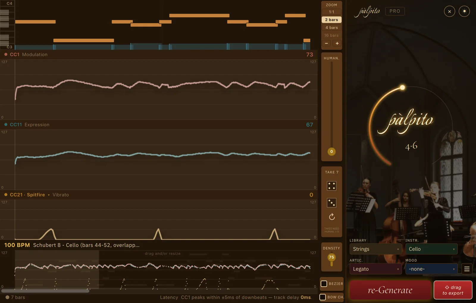 Palpito Pro at a two-bar zoom on a Schubert cello line whose notes each overlap the next, on Legato with no Mood: the overlapping notes are visible stacked in the roll and the CC1 and CC11 lanes run through every join as one continuous line, with no dip between the notes.