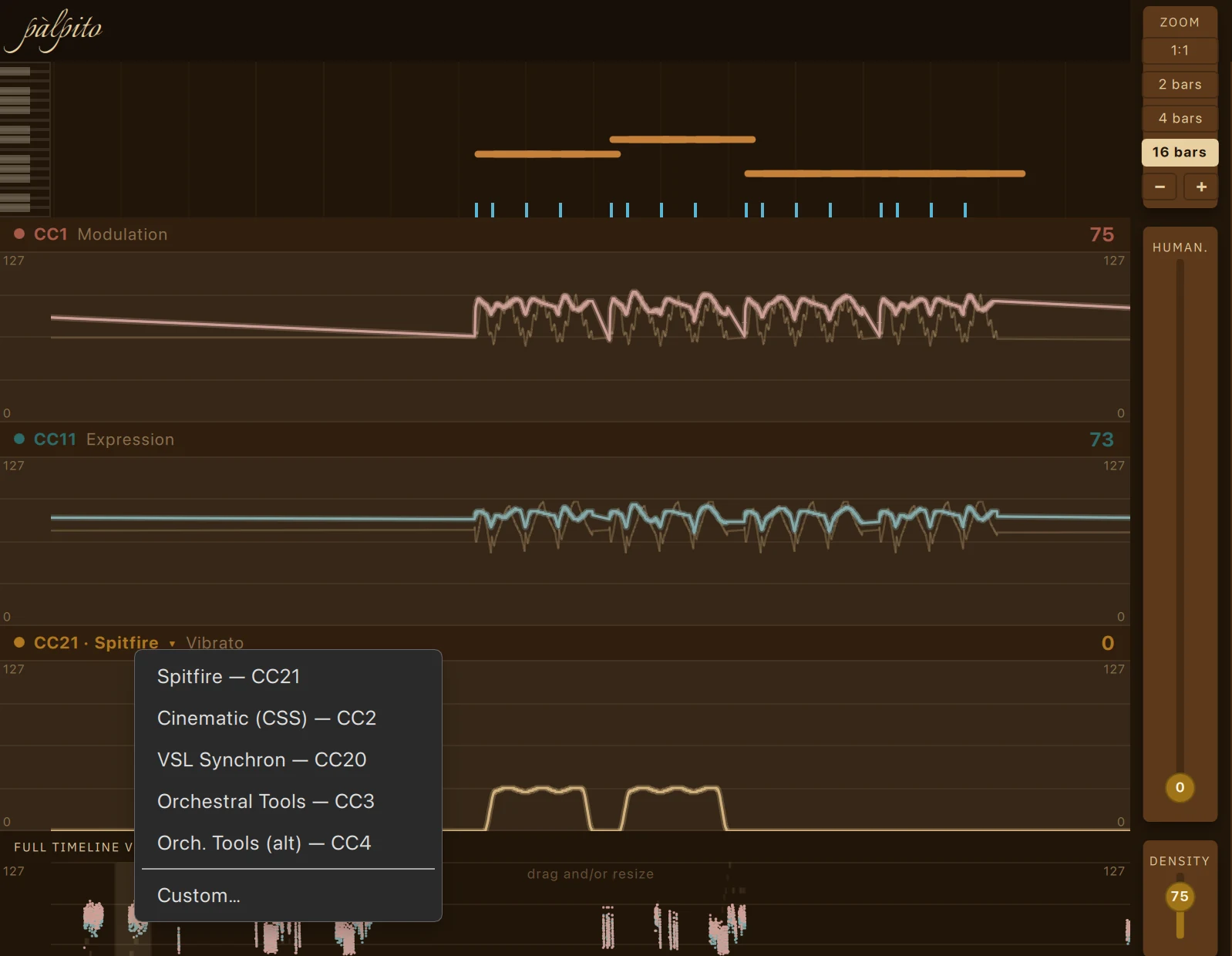 Generated CC21 vibrato lane on a Beethoven violin line: the vibrato arrives late on each note, its depth follows the phrase, and the open-E notes show no vibrato at all — suppressed because there is no finger to rock.