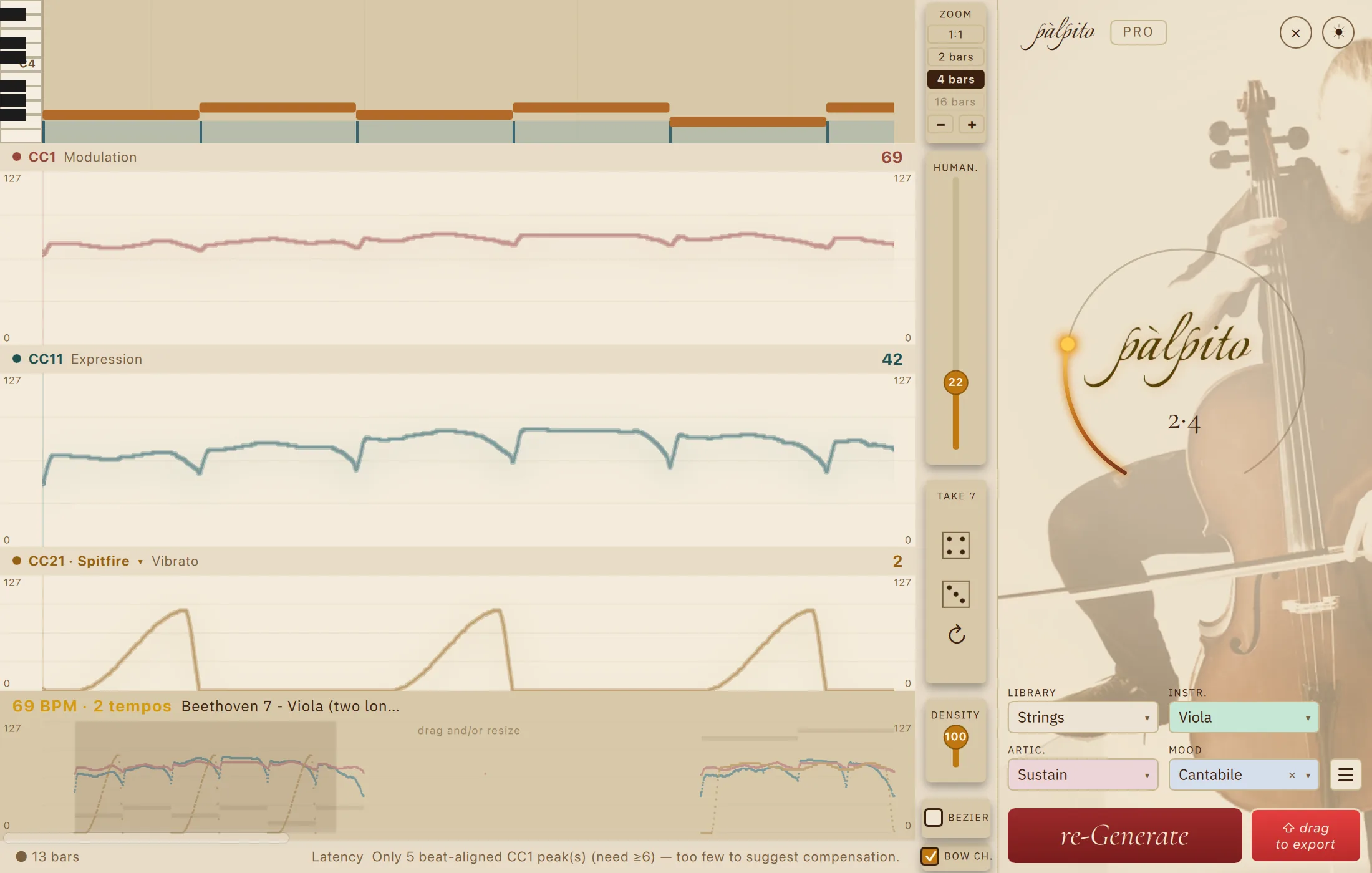 Palpito zoomed to four bars on a sustained Beethoven viola line with BOW CH. ticked: the CC1 and CC11 lanes carry the phrase while small dips mark where the bow turns, and a third lane headed CC21 &middot; Spitfire carries the vibrato.