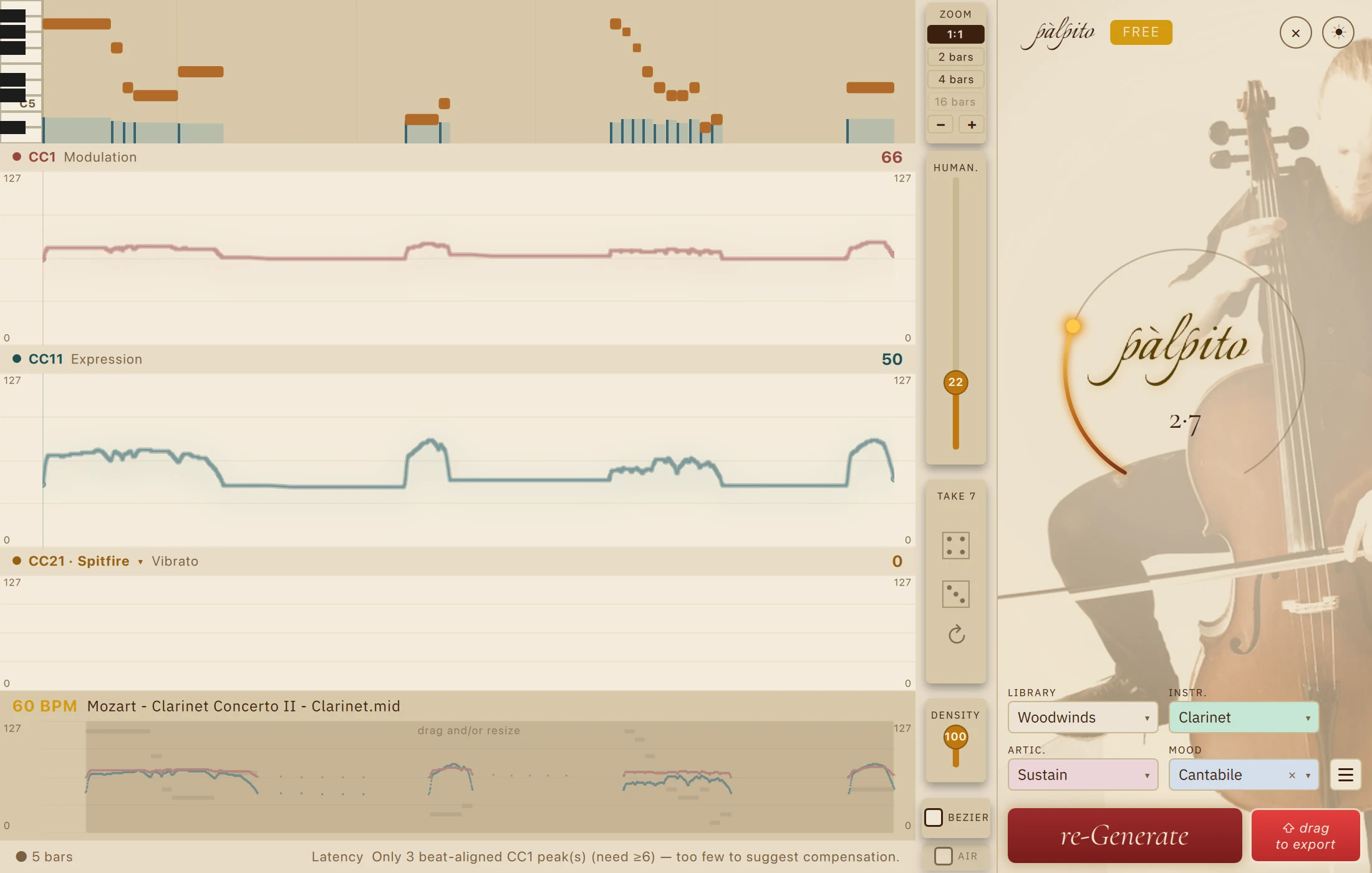 Palpito on the clarinet solo from Mozart's Adagio: the piano roll above the generated CC1 and CC11 lanes, each phrase rising to its own peak and easing at the close, at a gentle intensity arc of 2.7.