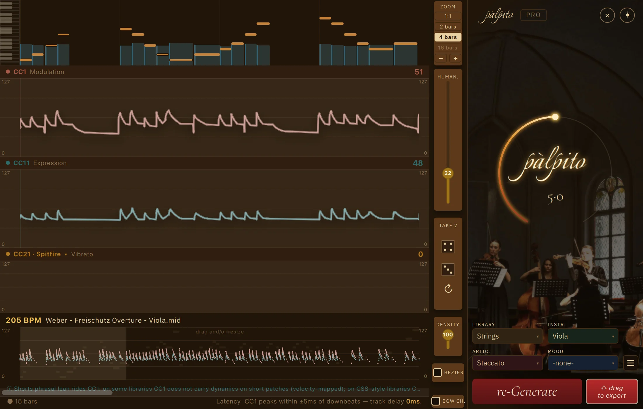 A recording of Palpito&rsquo;s window while the intensity arc is turned: the dial moves from 5 down to 2, where the CC1 and CC11 lanes flatten almost level, then up to 9, where they swing between every note, then settles at 6 &mdash; on a dense staccato viola line, zoomed to four bars.