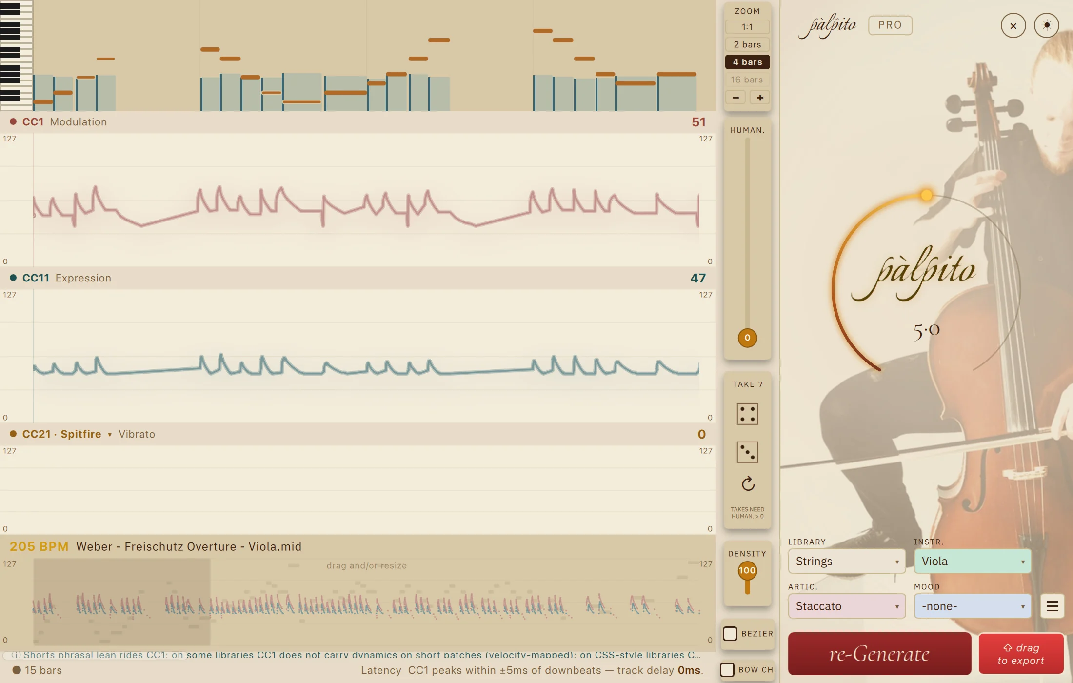 The Humanize dial being raised from 0 to 40 and settled back to 22 on a four-bar view of a staccato viola line, the CC curves gaining small irregularities as it rises, then the view returning to the whole part.