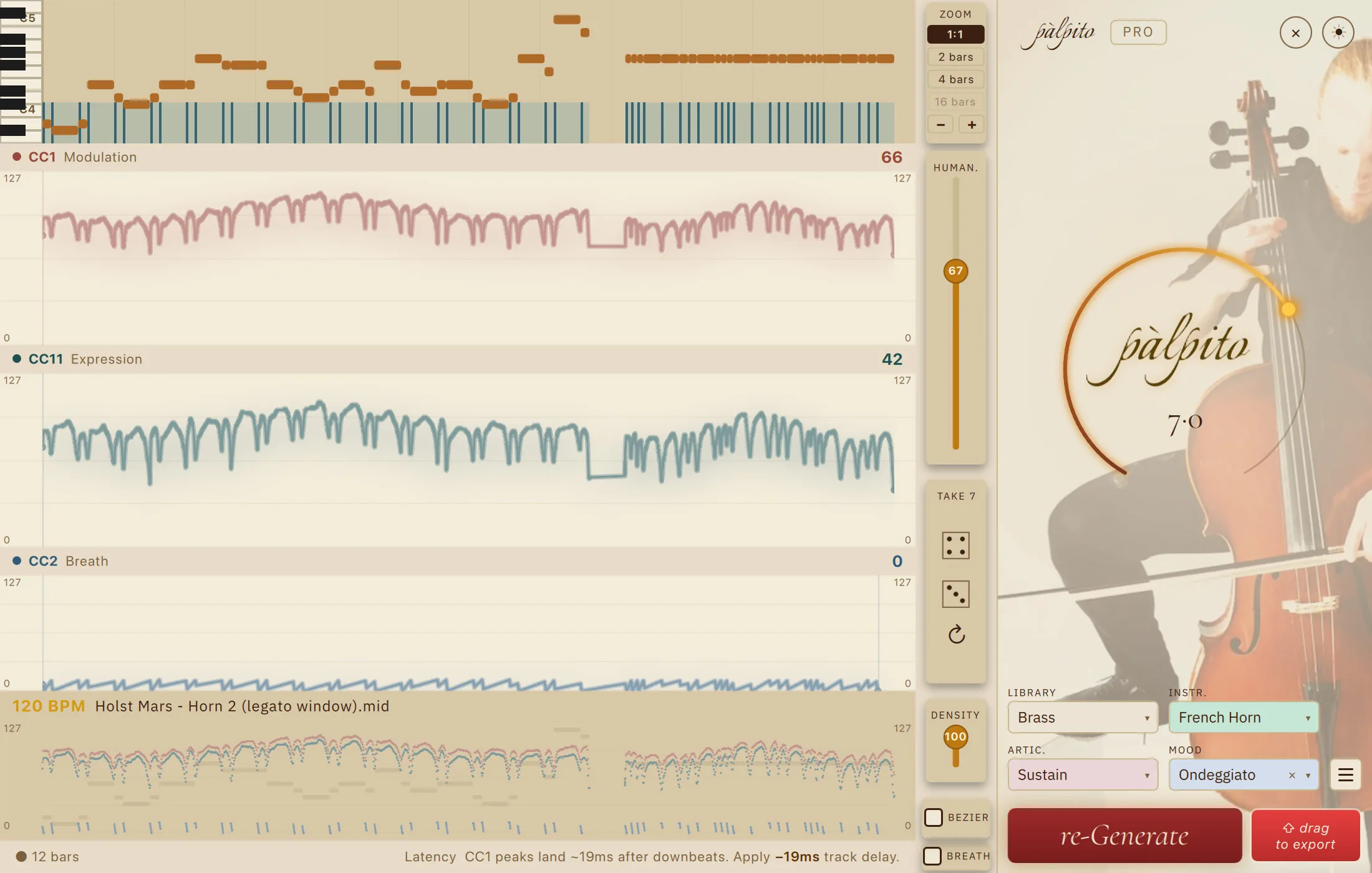 Palpito Pro on a horn line with Humanize at 67 and the Mood Ondeggiato: the zoom level is animated one bar at a time from the whole part down to two bars, the window is then dragged along inside the Full Timeline View strip at the bottom, and the view opens back out.