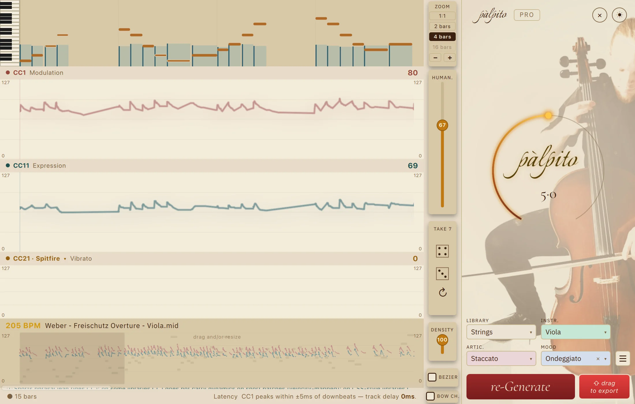 The pair of dice in Palpito's utility strip rolling between take 7 and take 11 on the same viola part, the faces changing and the CC1 and CC11 curves redrawing to the new take each time, with Humanize at 67.