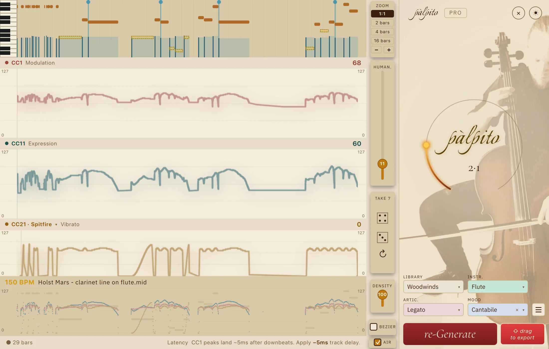 Palpito Pro on a legato flute playing a clarinet line from Holst's Mars, Mood Cantabile at a fixed intensity arc of 2.1 with Humanize 11 and Density 100: the CC1 and CC11 lanes lean gently through the phrase and stay slurred across every join, and the view holds a two-bar zoom while it travels along the middle of the part, passing a cyan breath mark in the piano roll, then four notes drawn hollow and dashed because they fall below the flute's bottom C4, then a second breath mark, before pulling back out to the whole part.